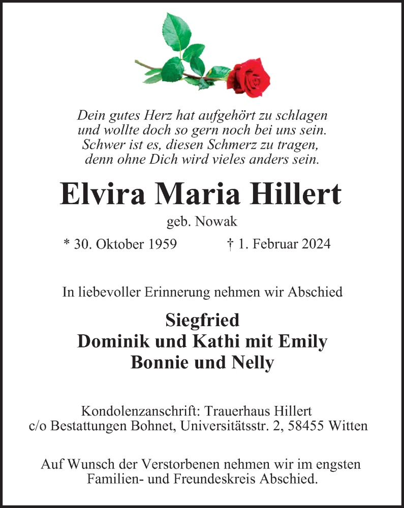  Traueranzeige für Elvira Maria Hillert vom 10.02.2024 aus Tageszeitung