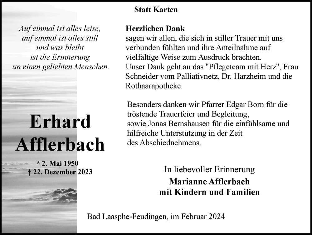  Traueranzeige für Erhard Afflerbach vom 10.02.2024 aus Tageszeitung