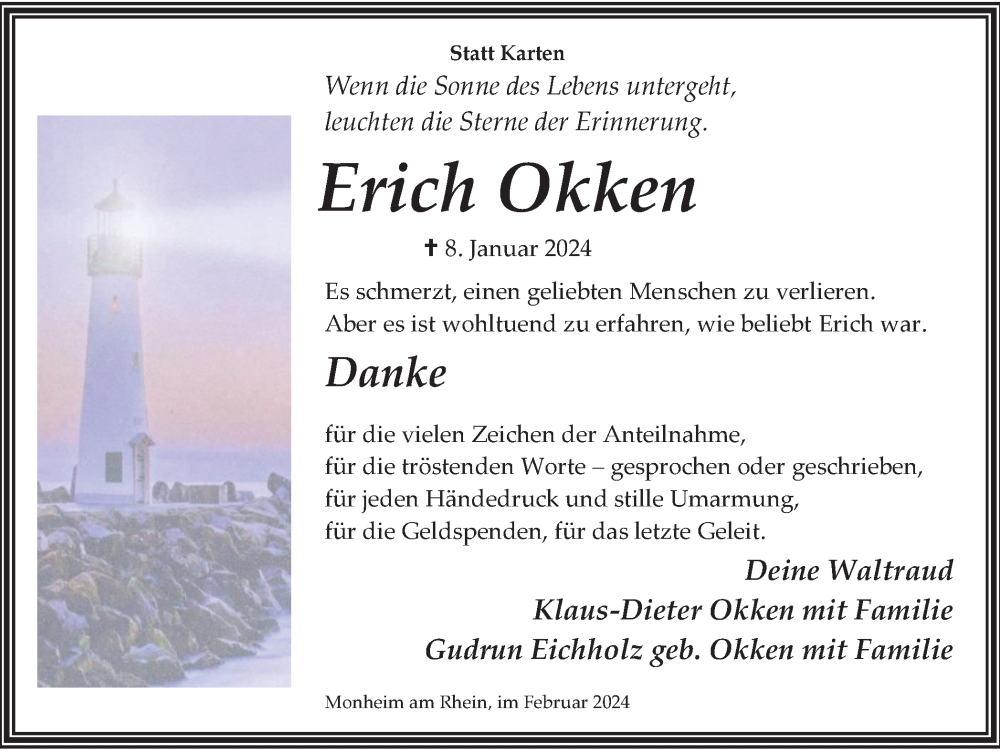  Traueranzeige für Erich Okken vom 10.02.2024 aus Tageszeitung