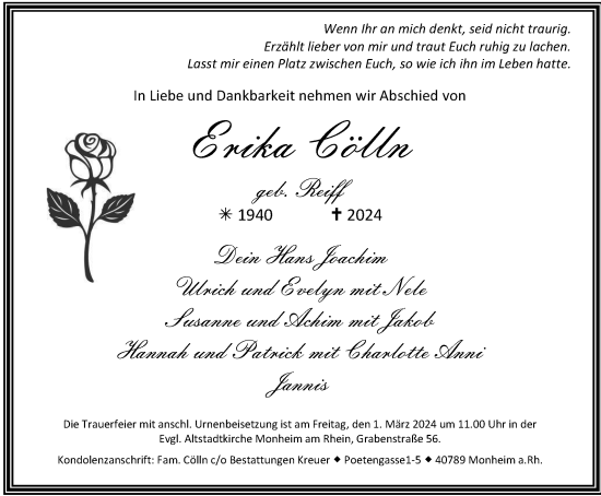 Traueranzeige von Erika Cölln von Tageszeitung
