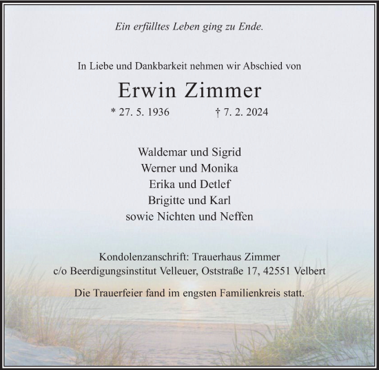 Traueranzeige von Erwin Zimmer von Tageszeitung