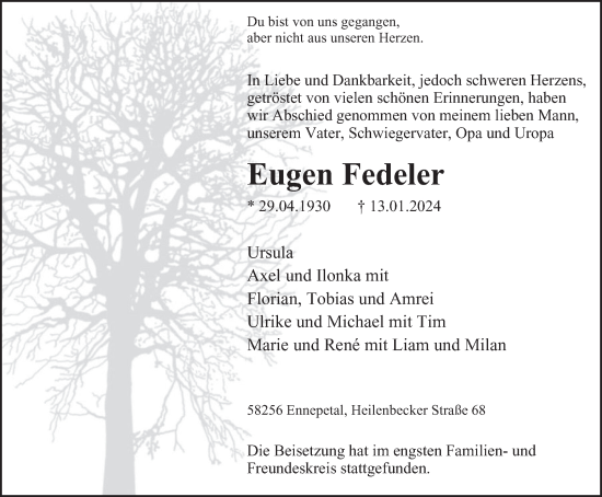 Traueranzeige von Eugen Fedeler von Tageszeitung