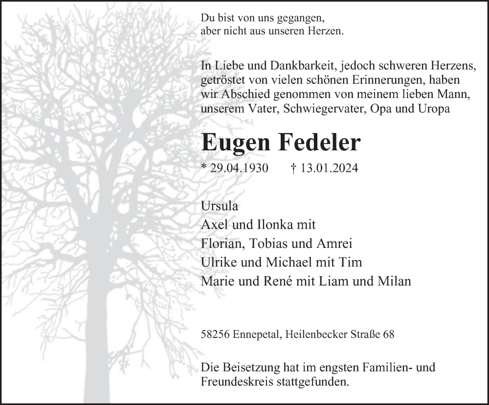  Traueranzeige für Eugen Fedeler vom 03.02.2024 aus Tageszeitung