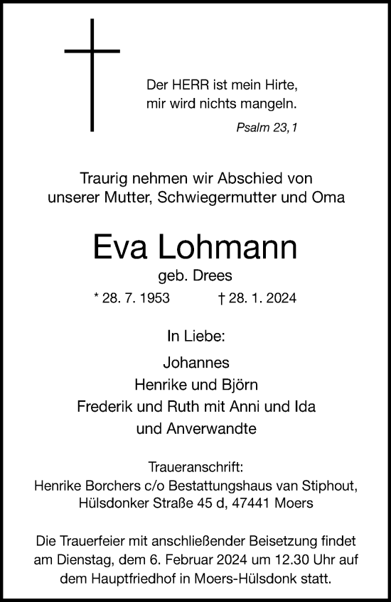 Traueranzeige von Eva Lohmann von Tageszeitung