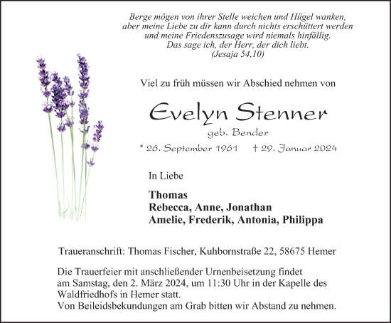 Traueranzeige von Evelyn Stenner von Tageszeitung