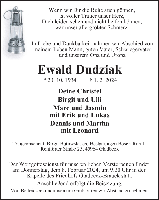 Traueranzeige von Ewald Dudziak von Tageszeitung