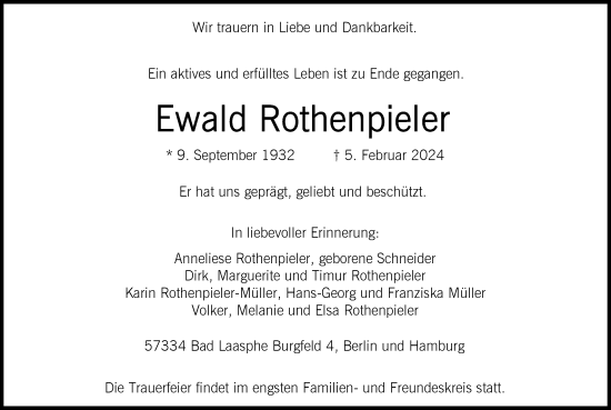 Traueranzeige von Ewald Rothenpieler von Tageszeitung