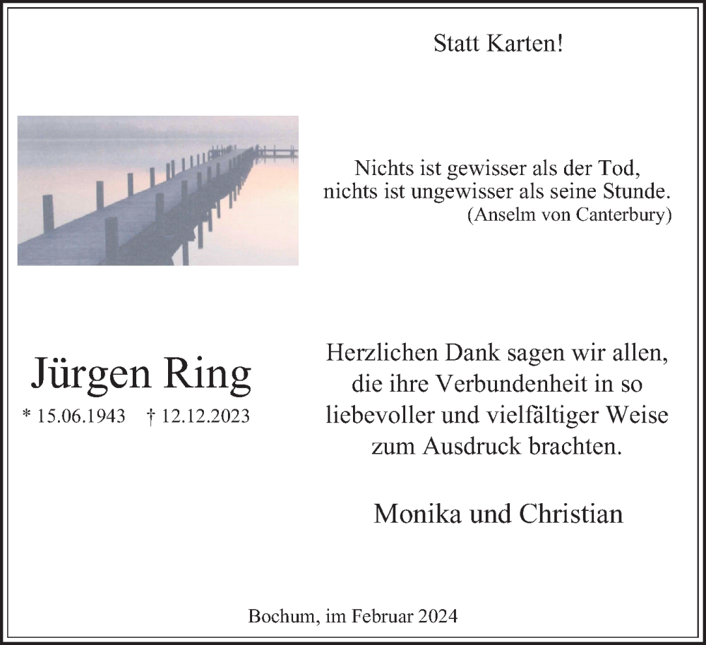  Traueranzeige für Jürgen Ring vom 24.02.2024 aus Tageszeitung