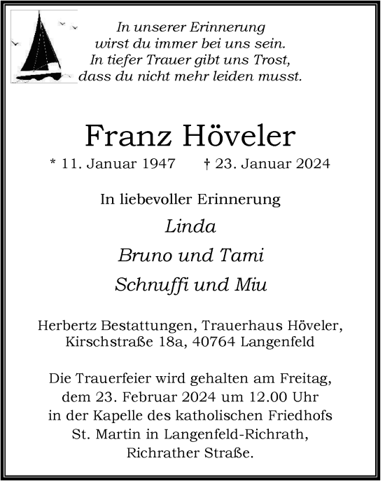 Traueranzeige von Franz Höveler von Tageszeitung