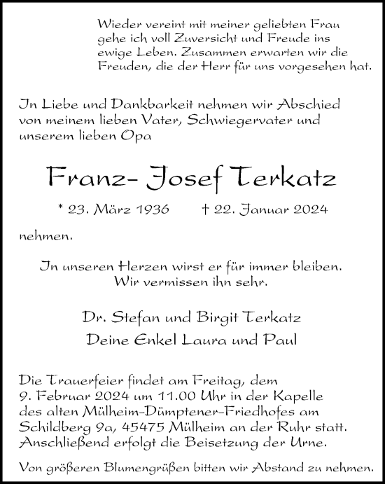 Traueranzeige von Franz- Josef Terkatz von Tageszeitung