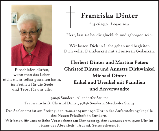 Traueranzeige von Franziska Dinter von Tageszeitung