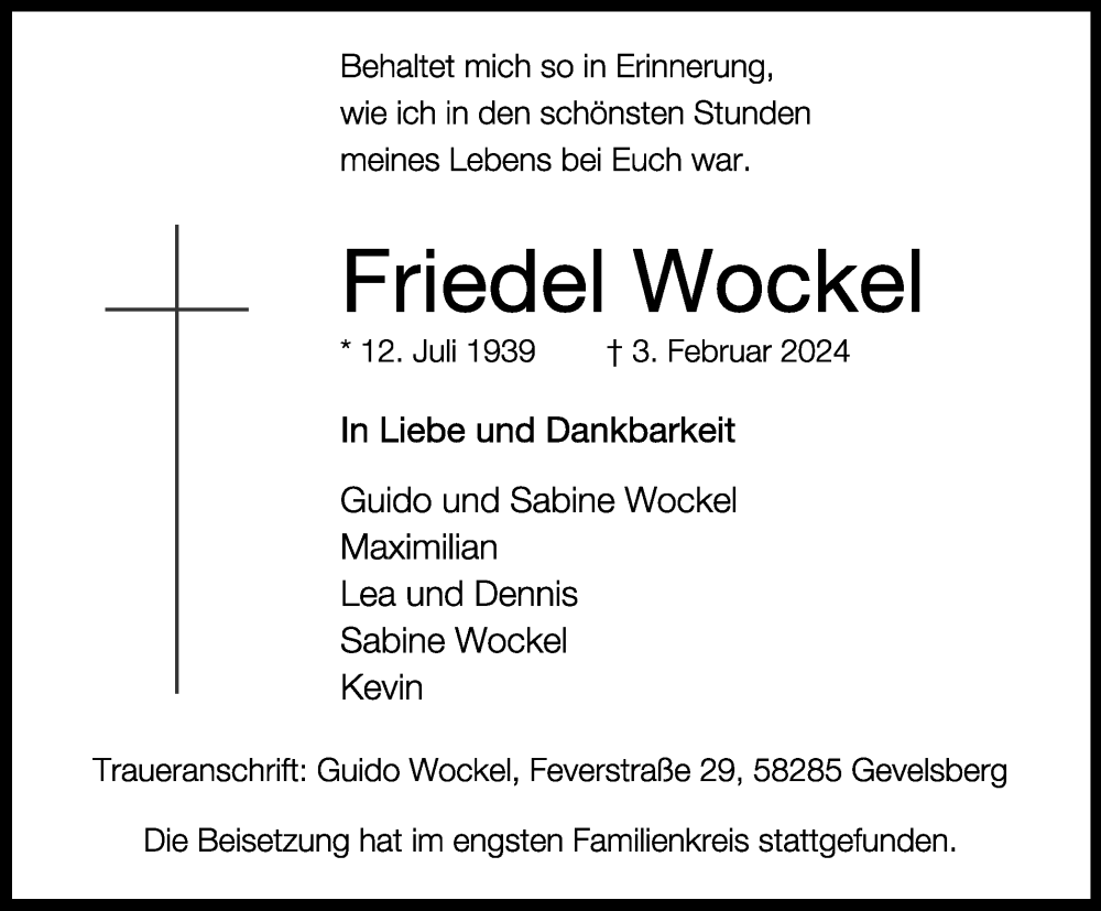  Traueranzeige für Friedel Wockel vom 24.02.2024 aus Tageszeitung