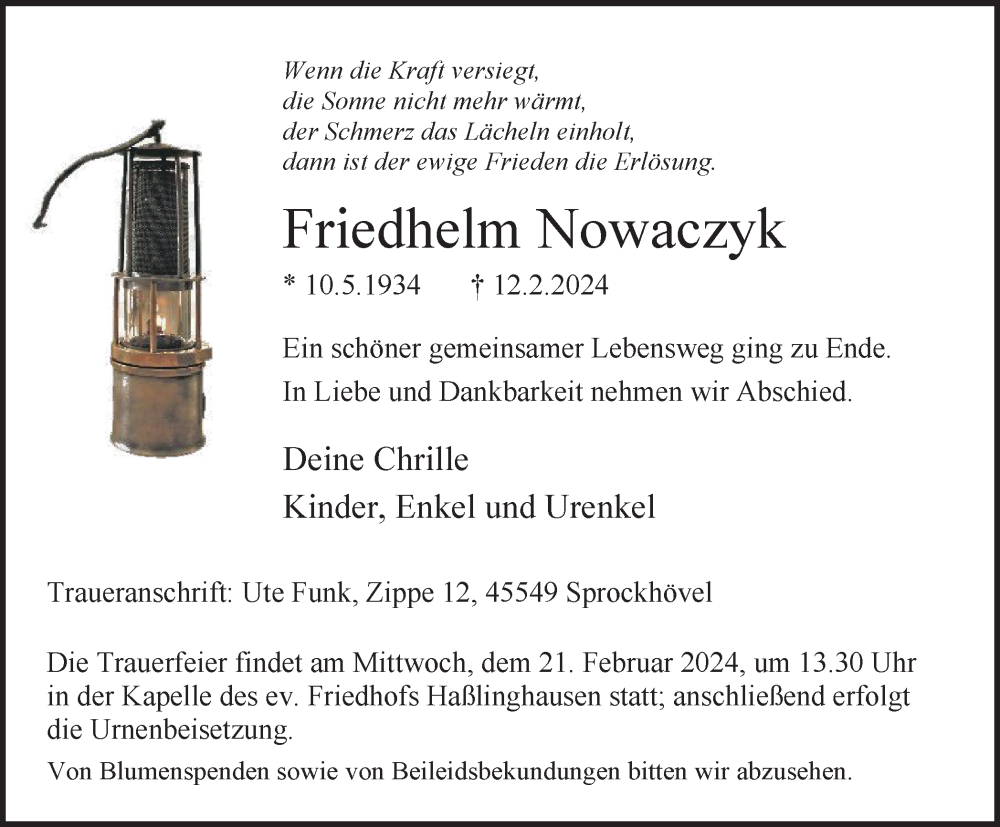  Traueranzeige für Friedhelm Nowaczyk vom 17.02.2024 aus Tageszeitung