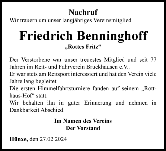 Traueranzeige von Friedrich Benninghoff von Tageszeitung