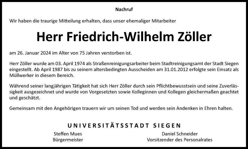  Traueranzeige für Friedrich-Wilhelm Zöller vom 12.02.2024 aus Tageszeitung