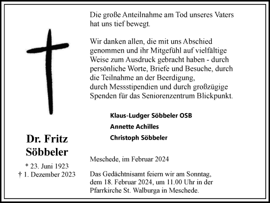 Traueranzeige von Fritz Söbbeler von Tageszeitung