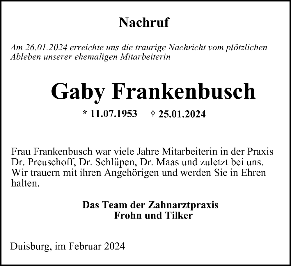  Traueranzeige für Gaby Frankenbusch vom 10.02.2024 aus Tageszeitung