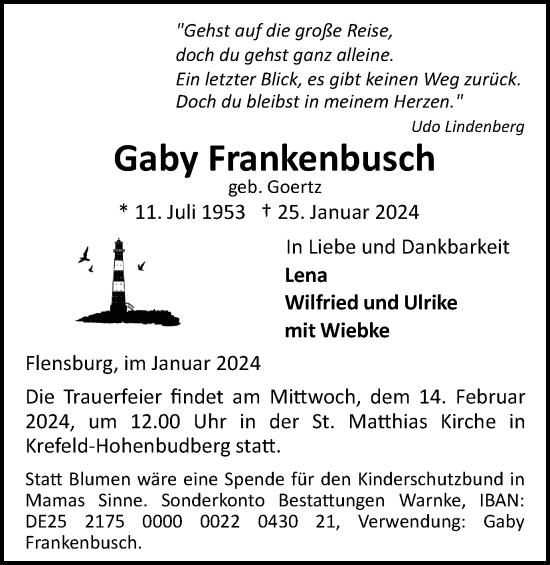 Traueranzeige von Gaby Frankenbusch von Tageszeitung