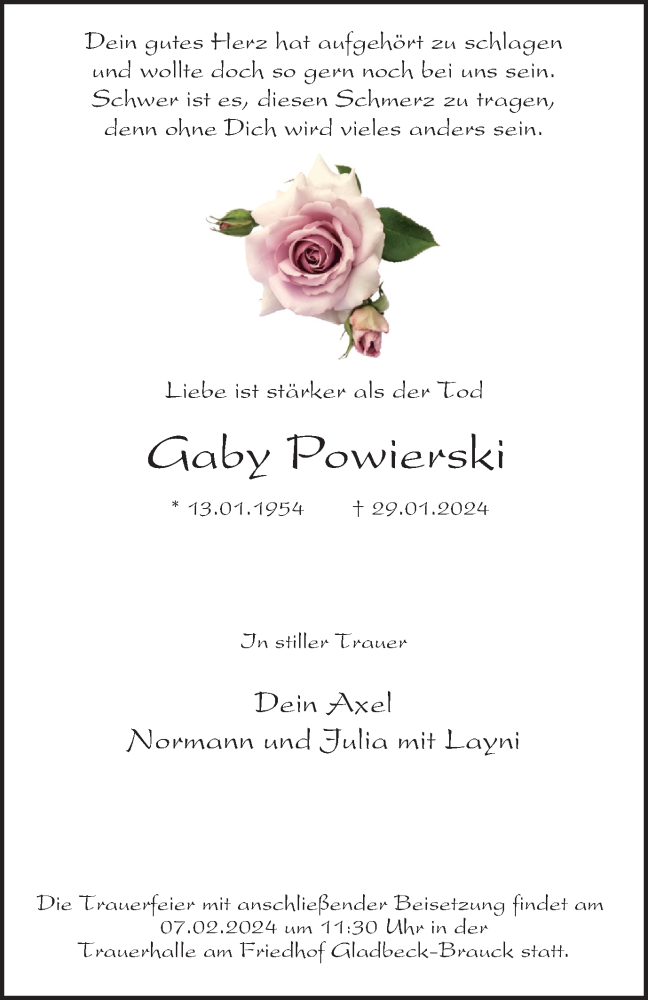 Traueranzeige für Gaby Powierski vom 03.02.2024 aus Tageszeitung