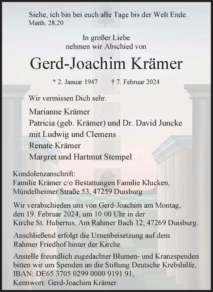  Traueranzeige für Gerd-Joachim Krämer vom 10.02.2024 aus Tageszeitung