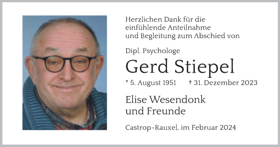 Traueranzeige von Gerd Stiepel von Tageszeitung