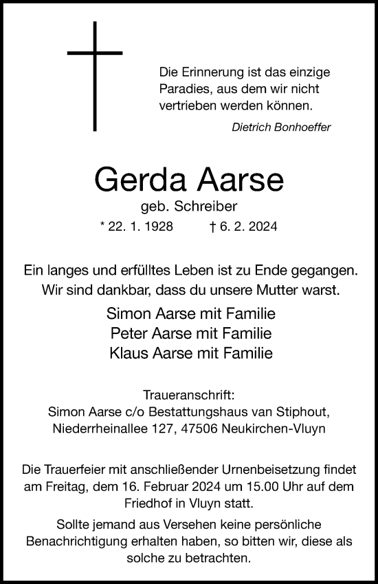 Traueranzeige von Gerda Aarse von Tageszeitung