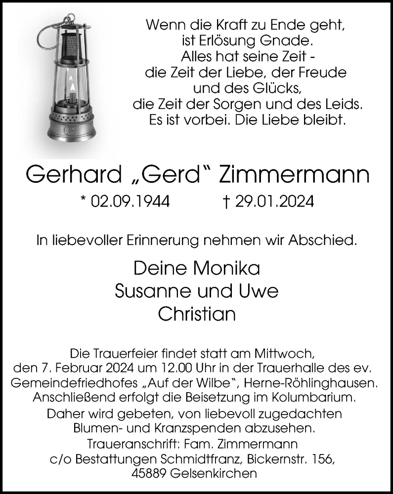  Traueranzeige für Gerhard Zimmermann vom 03.02.2024 aus Tageszeitung