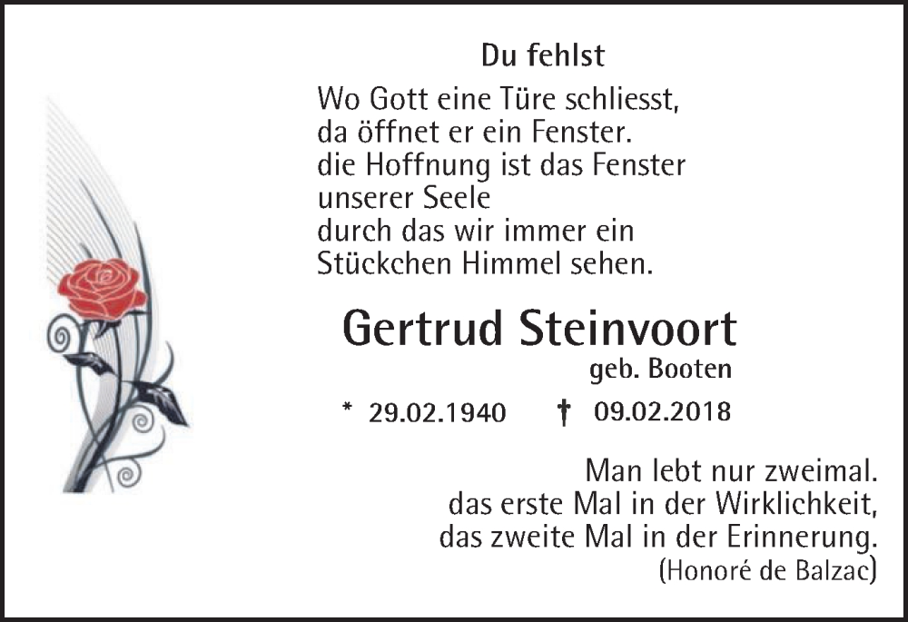  Traueranzeige für Gertrud Steinvoort vom 12.02.2024 aus Tageszeitung