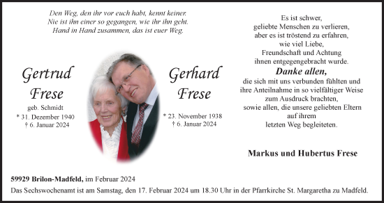 Traueranzeige von Gertrud und Gerhard Frese von Tageszeitung