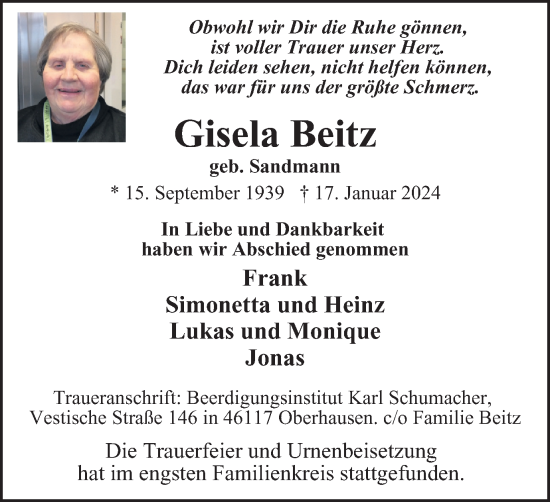 Traueranzeige von Gisela Beitz von Tageszeitung