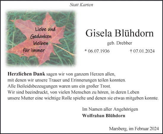 Traueranzeige von Gisela Blühdorn von Tageszeitung