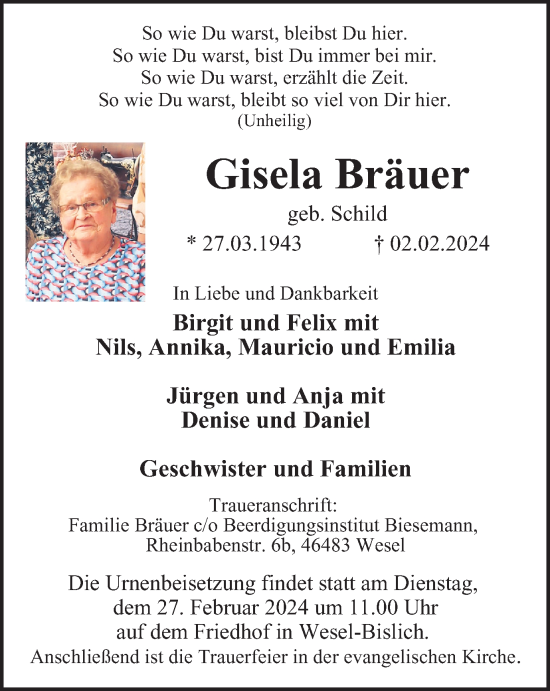 Traueranzeige von Gisela Bräuer von Tageszeitung