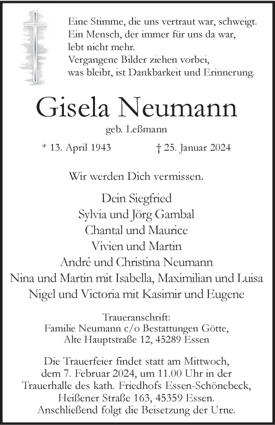 Traueranzeige von Gisela Neumann von Tageszeitung