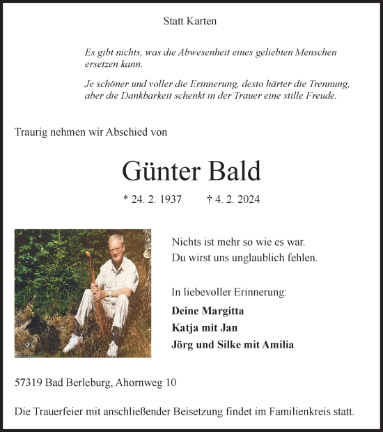 Traueranzeige von Günter Bald von Tageszeitung