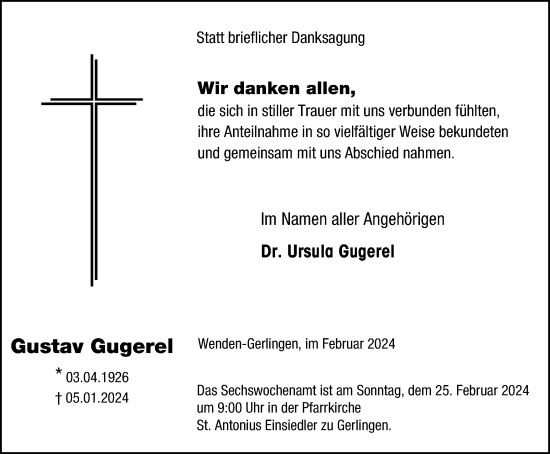Traueranzeige von Gustav Gugerel von Tageszeitung