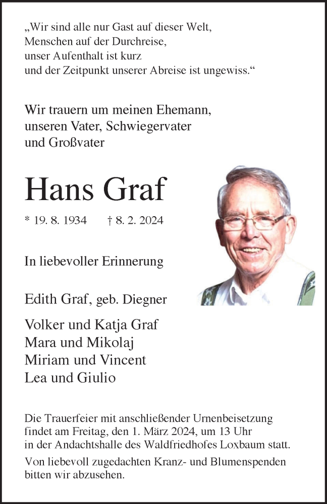  Traueranzeige für Hans Graf vom 24.02.2024 aus Tageszeitung