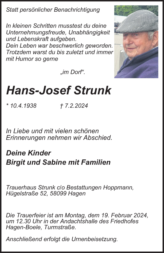  Traueranzeige für Hans-Josef Strunk vom 10.02.2024 aus Tageszeitung