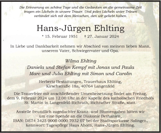 Traueranzeige von Hans-Jürgen Ehlting von Tageszeitung