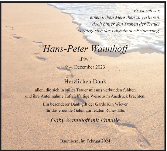 Traueranzeige von Hans-Peter Wannhoff von Tageszeitung
