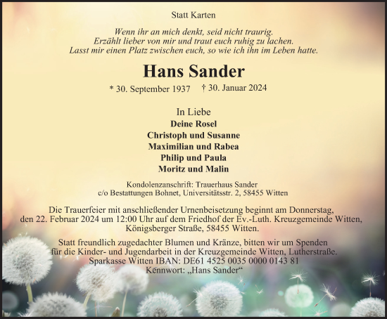 Traueranzeige von Hans Sander von Tageszeitung