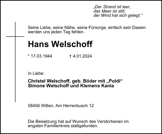 Traueranzeige von Hans Welschoff von Tageszeitung
