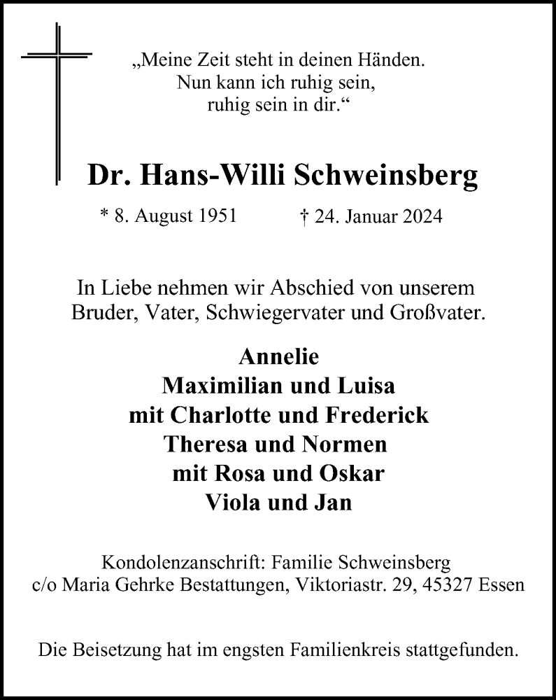  Traueranzeige für Hans-Willi Schweinsberg vom 03.02.2024 aus Tageszeitung