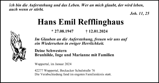 Traueranzeige von Hans Emil Refflinghaus von Tageszeitung