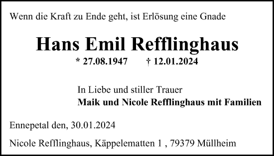 Traueranzeige von Hans Emil Refflinghaus von Tageszeitung