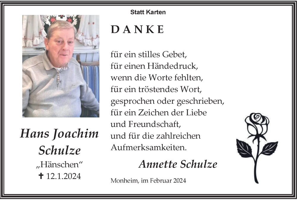  Traueranzeige für Hans Joachim Schulze vom 24.02.2024 aus Tageszeitung