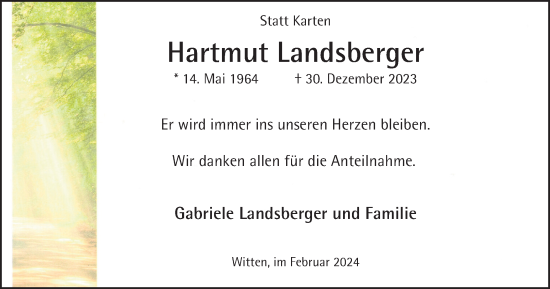 Traueranzeige von Hartmut Landsberger von Tageszeitung