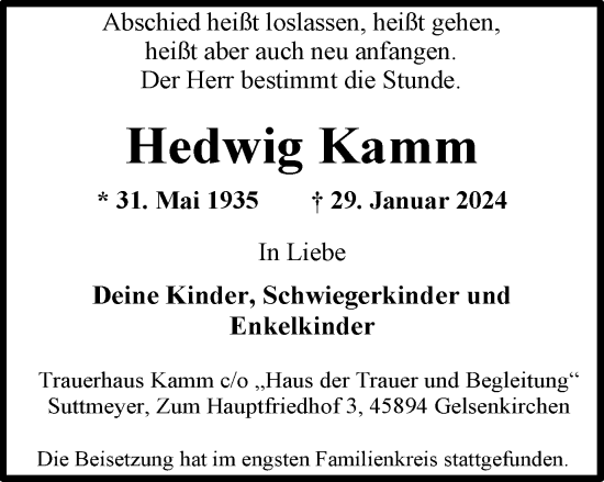 Traueranzeige von Hedwig Kamm von Tageszeitung