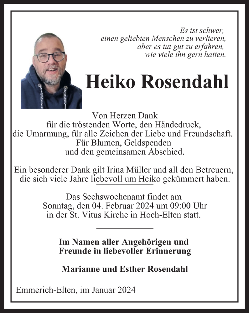  Traueranzeige für Heiko Rosendahl vom 03.02.2024 aus Tageszeitung