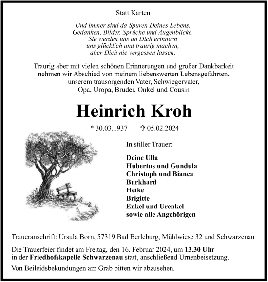 Traueranzeige von Heinrich Kroh von Tageszeitung