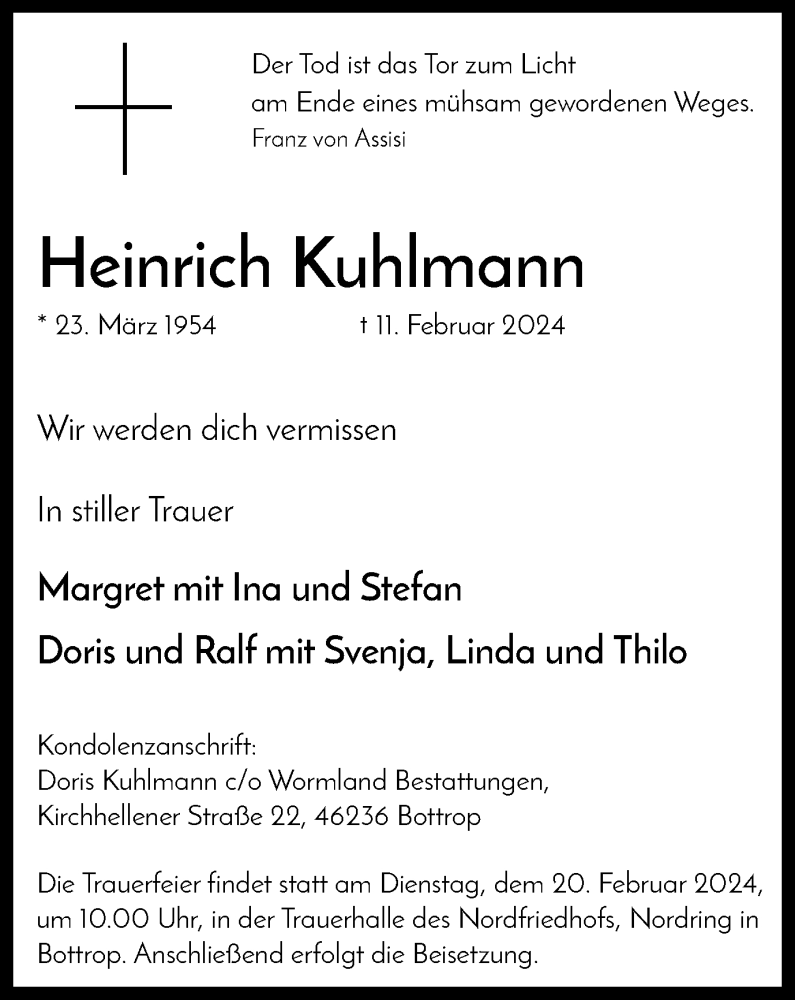  Traueranzeige für Heinrich Kuhlmann vom 17.02.2024 aus Tageszeitung